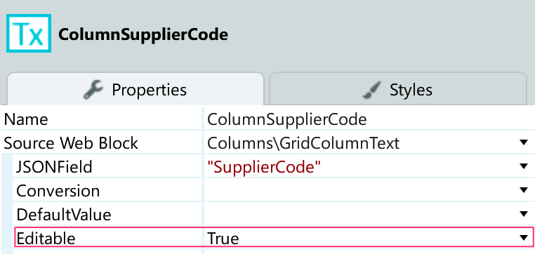 Editableプロパティの設定（ColumnSupplierCode列）